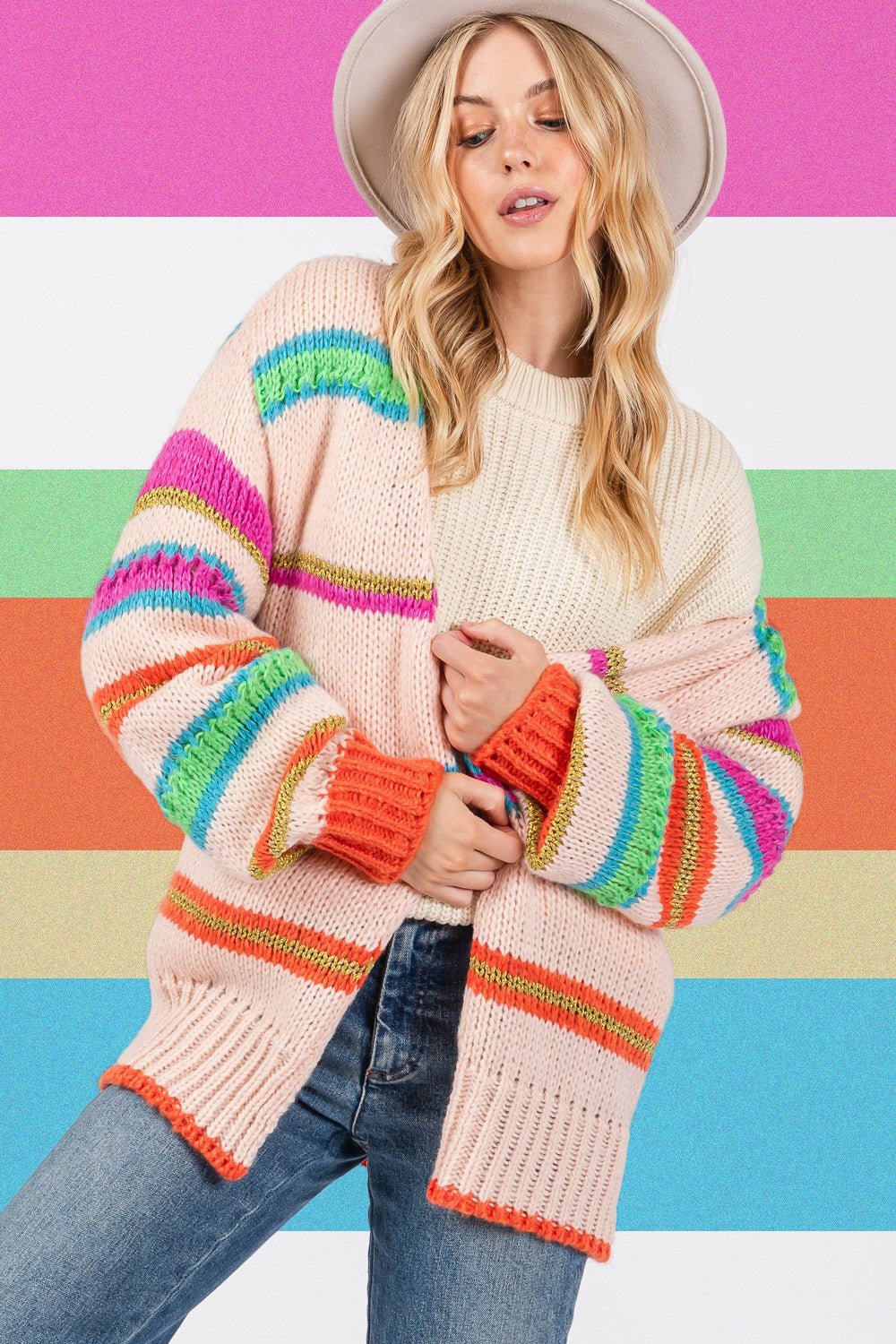 Rainbow Striped Open Front Knit Cardigan