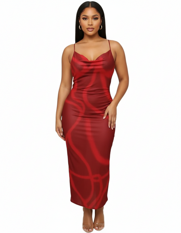 Backless See Through Maxi Dress - Red