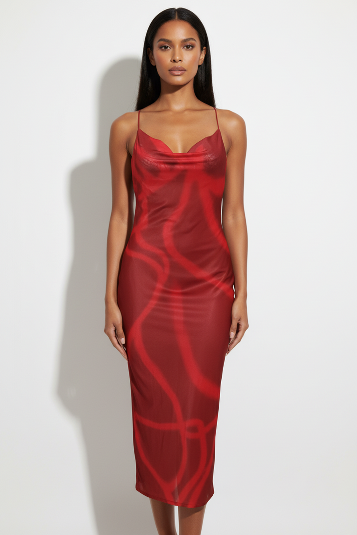 Backless See Through Maxi Dress - Red