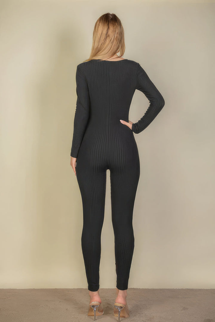 Ribbed Scoop Neck Long Sleeve Jumpsuit