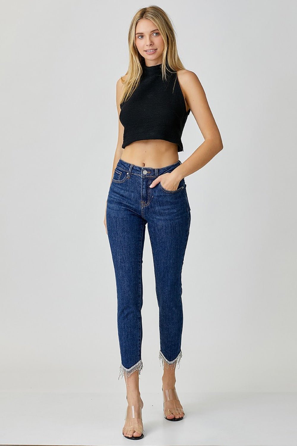 Embellished Mid Rise Crop Skinny Jeans