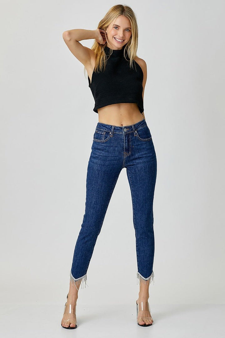 Embellished Mid Rise Crop Skinny Jeans