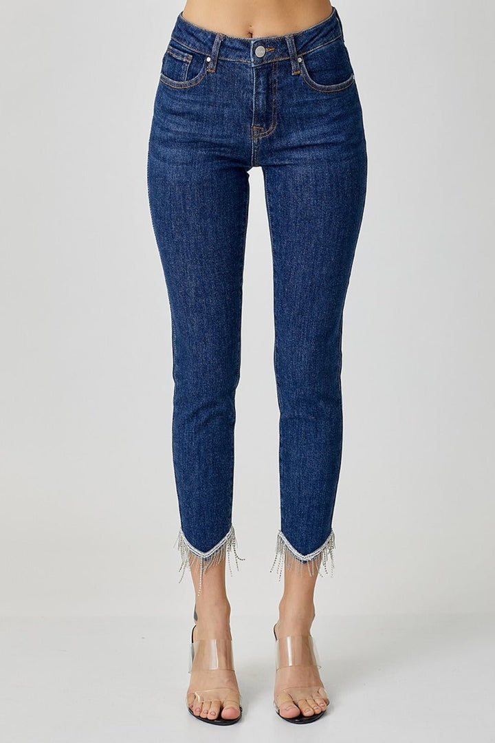 Embellished Mid Rise Crop Skinny Jeans