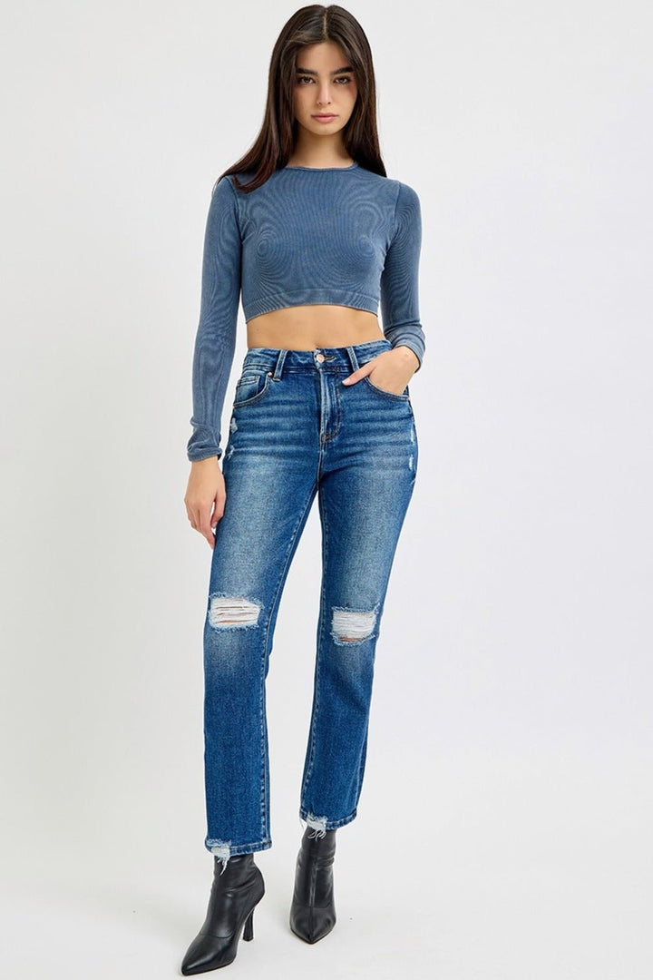 High Rise Distressed Crop Straight Jeans