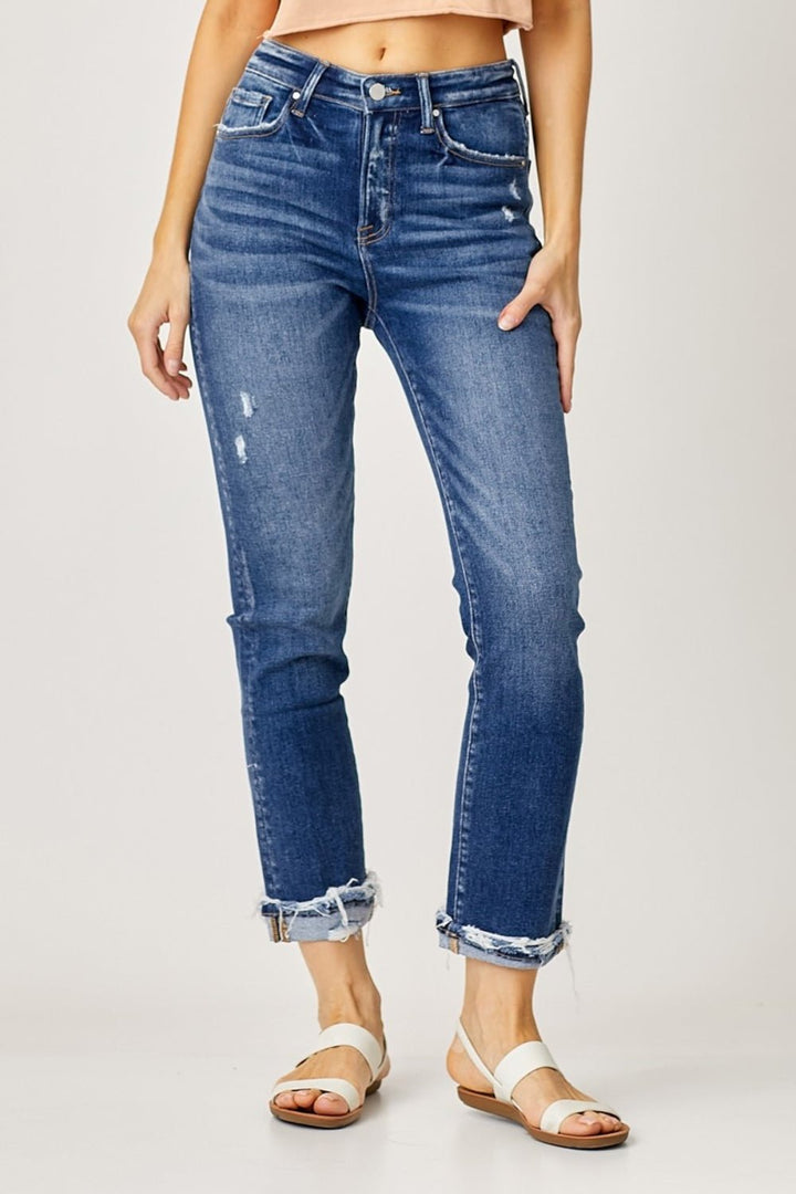 Full Size High-Rise Frayed Cuffed Straight Jeans, Dark