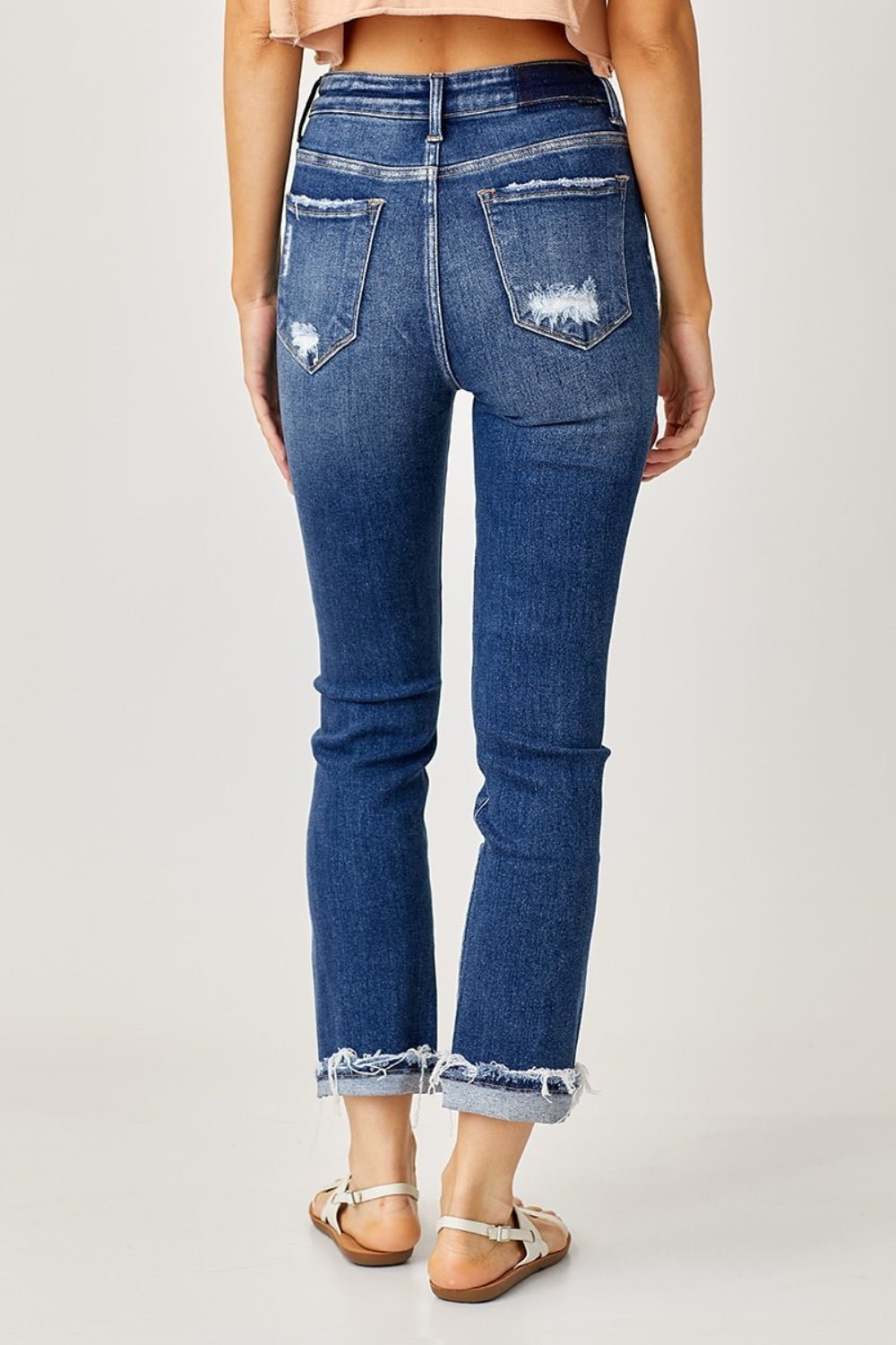 Full Size High-Rise Frayed Cuffed Straight Jeans, Dark