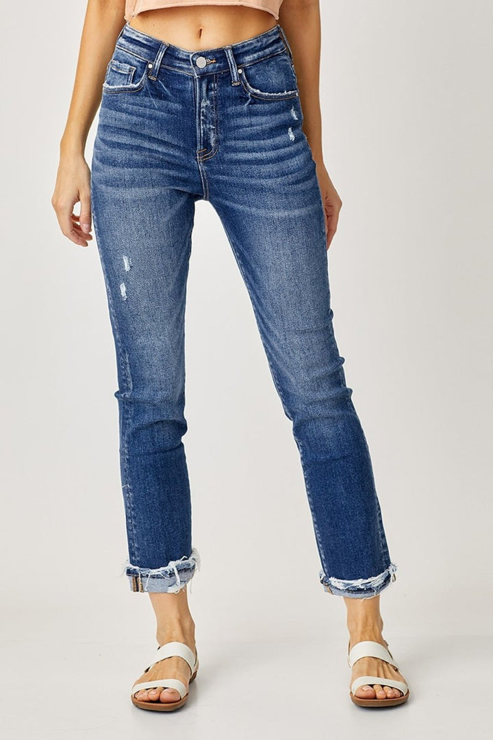 Full Size High-Rise Frayed Cuffed Straight Jeans, Dark