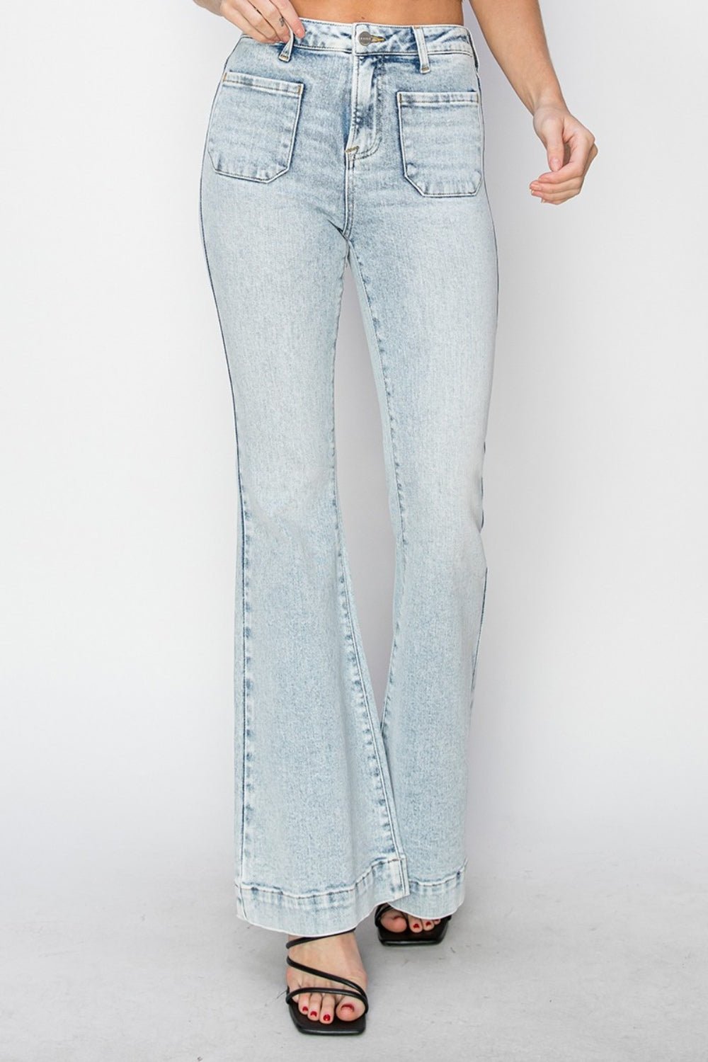 Full Size High Rise Front Patch Pocket Flare Jeans, Acid Light