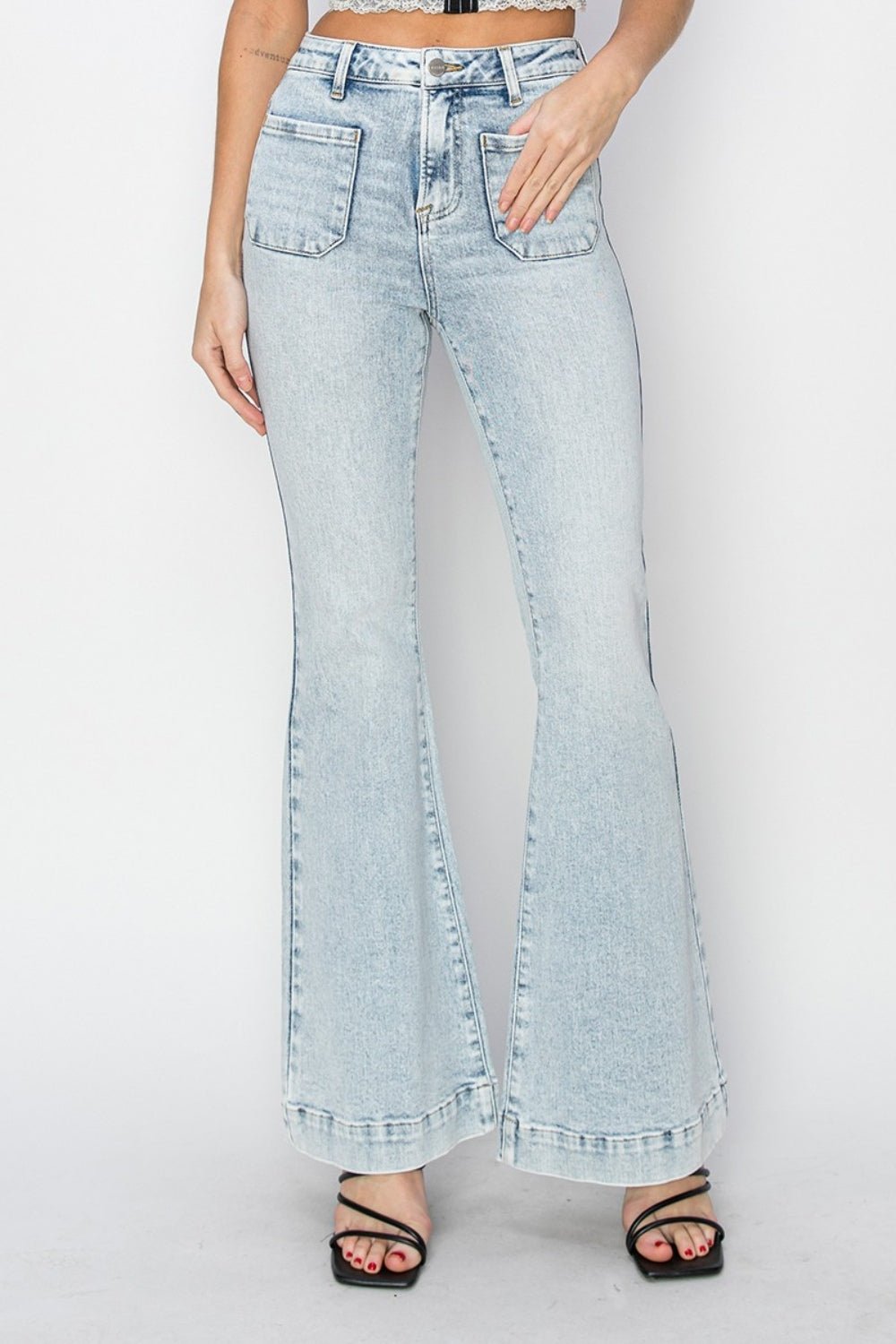 Full Size High Rise Front Patch Pocket Flare Jeans, Acid Light