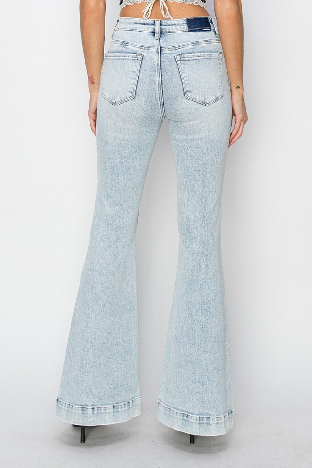 Full Size High Rise Front Patch Pocket Flare Jeans, Acid Light