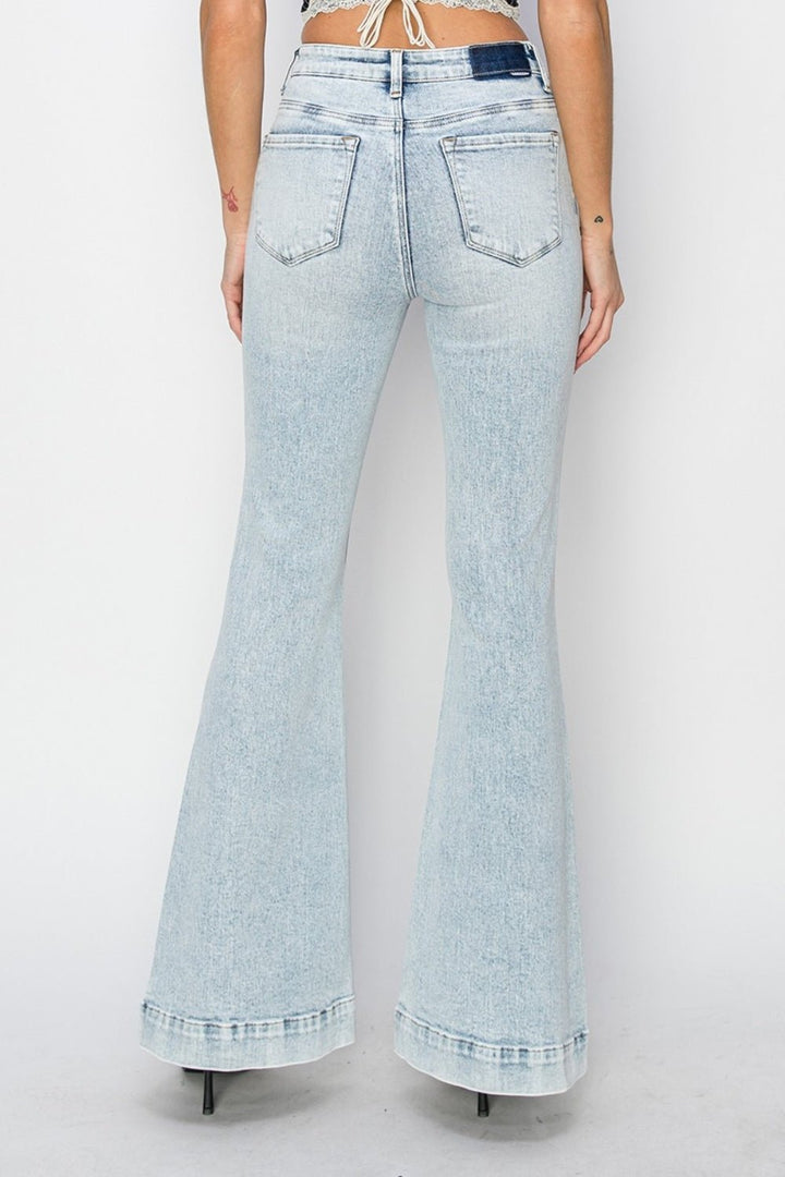 Full Size High Rise Front Patch Pocket Flare Jeans, Acid Light