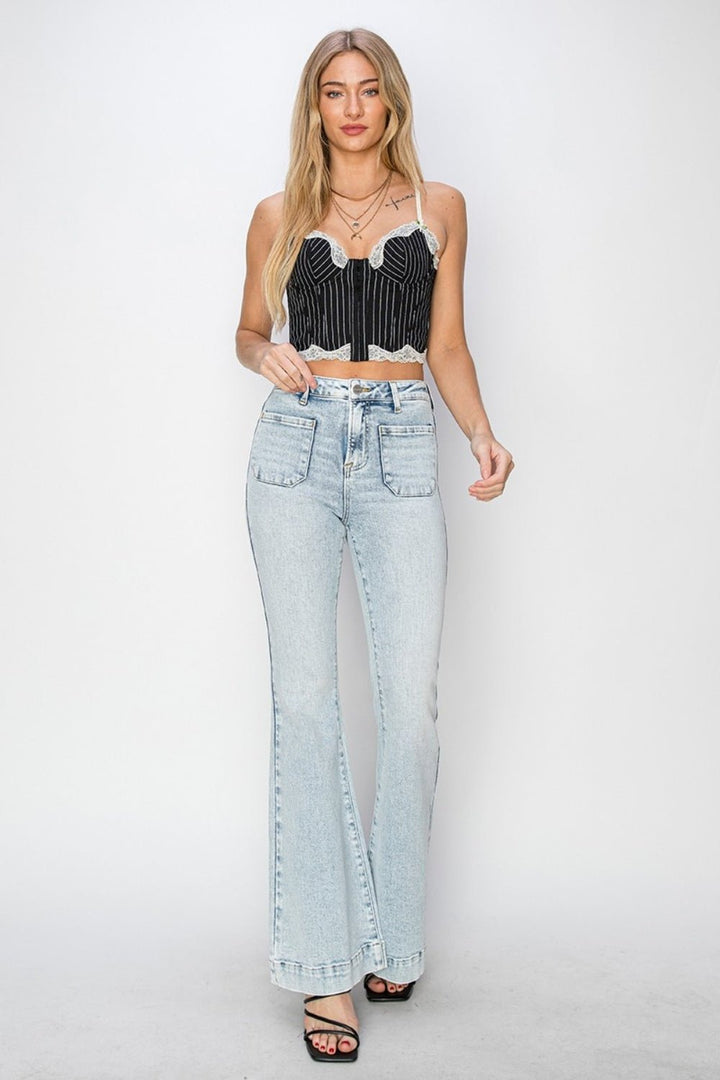 Full Size High Rise Front Patch Pocket Flare Jeans, Acid Light