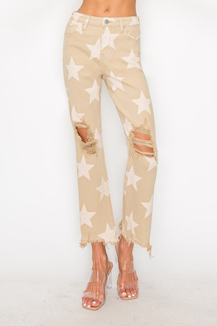 High Rise Star Printed Frayed Hem Jeans