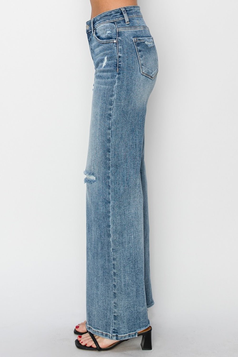 Full Size High Waist Distressed Wide Leg Jeans, Medium