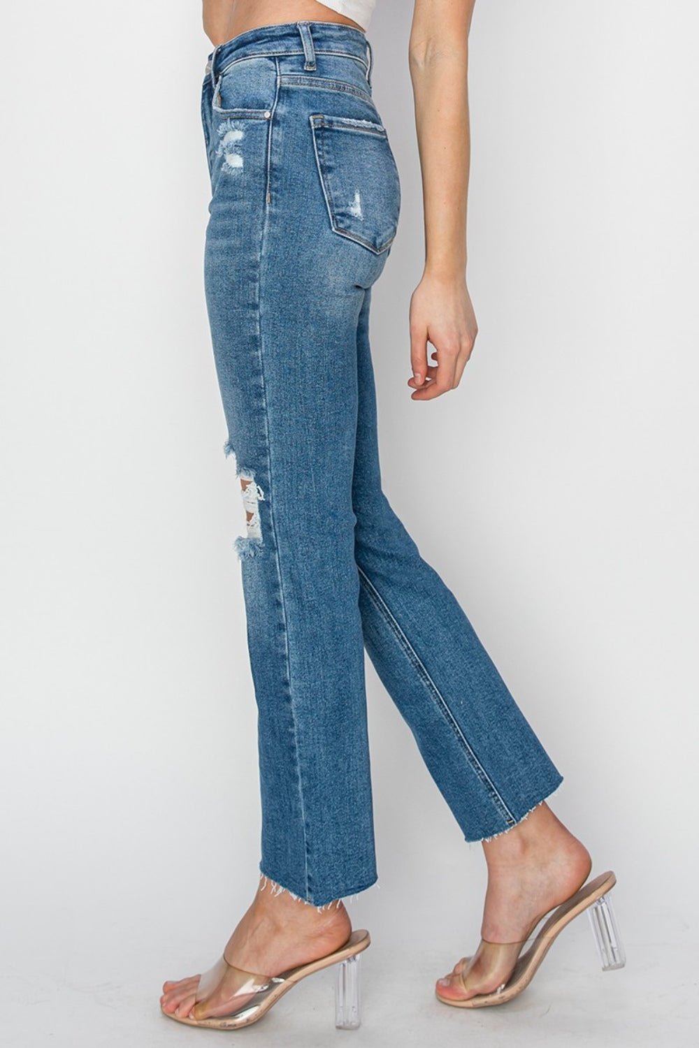 High Rise Distressed Ankle Jeans, Medium