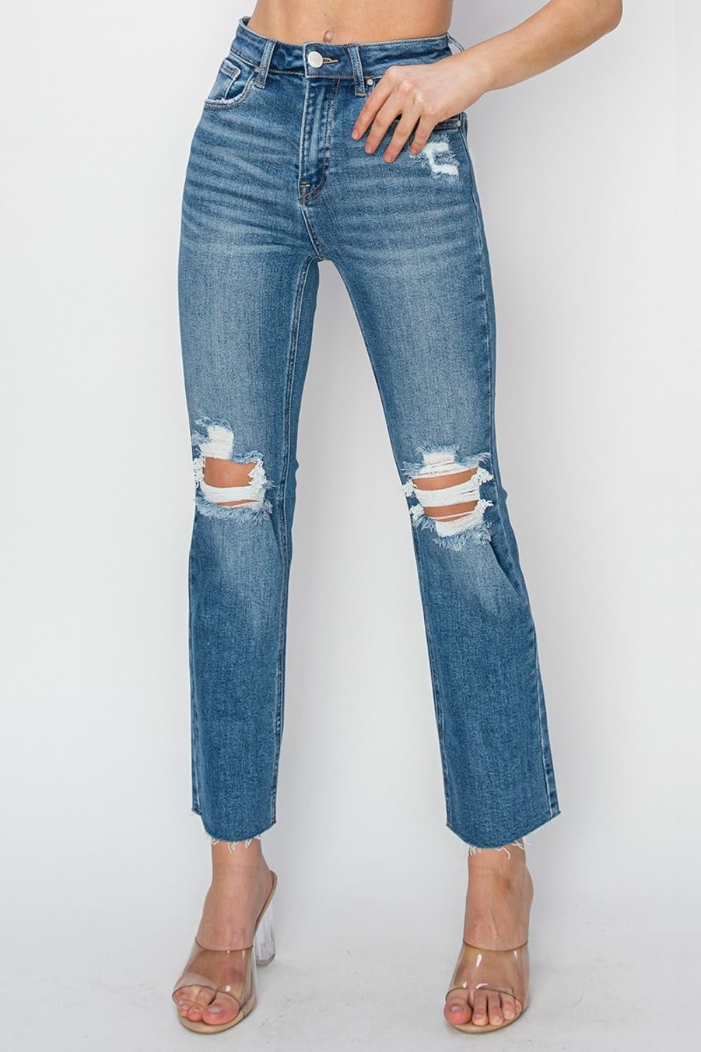 High Rise Distressed Ankle Jeans, Medium