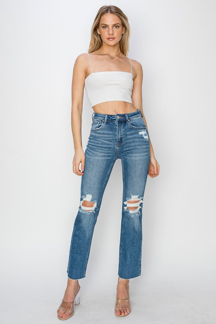 High Rise Distressed Ankle Jeans, Medium