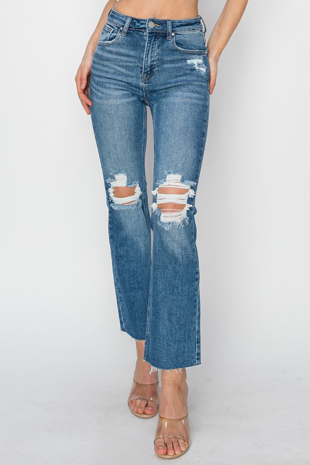 High Rise Distressed Ankle Jeans, Medium