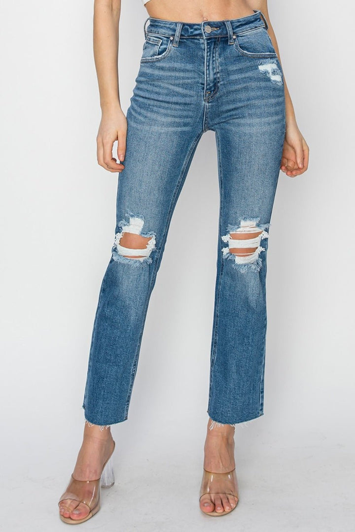 High Rise Distressed Ankle Jeans, Medium