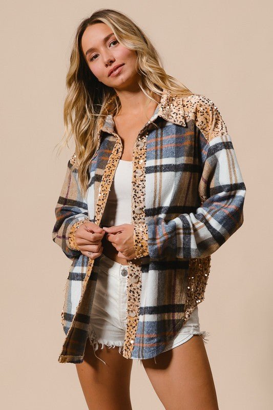 Sequin Plaid Button Up Shacket