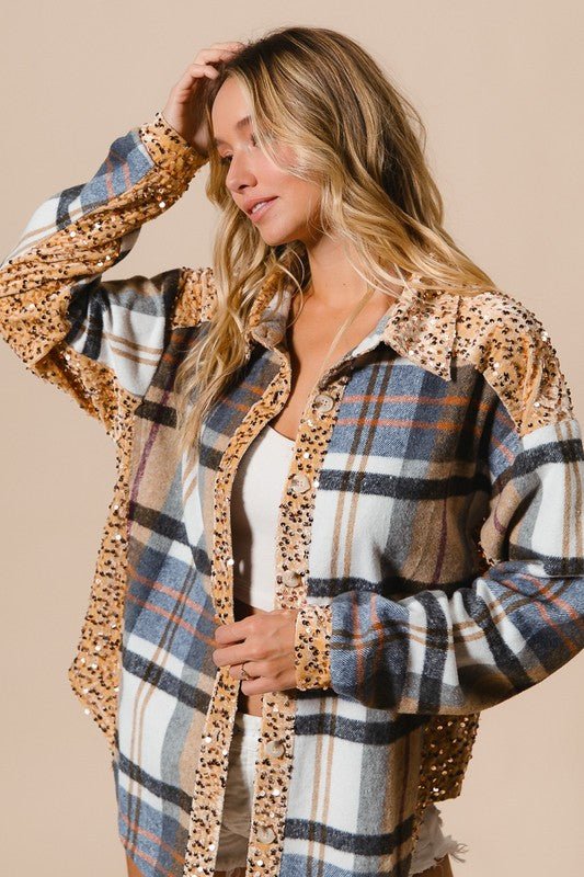 Sequin Plaid Button Up Shacket