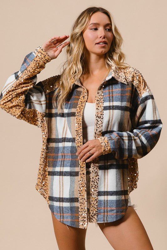 Sequin Plaid Button Up Shacket