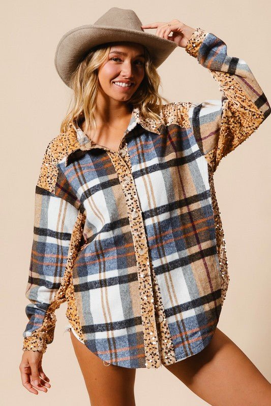 Sequin Plaid Button Up Shacket