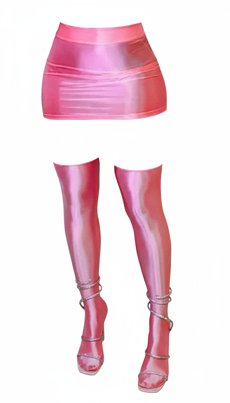 Shiny Bubble Gum Pink Disco mini skirt Set