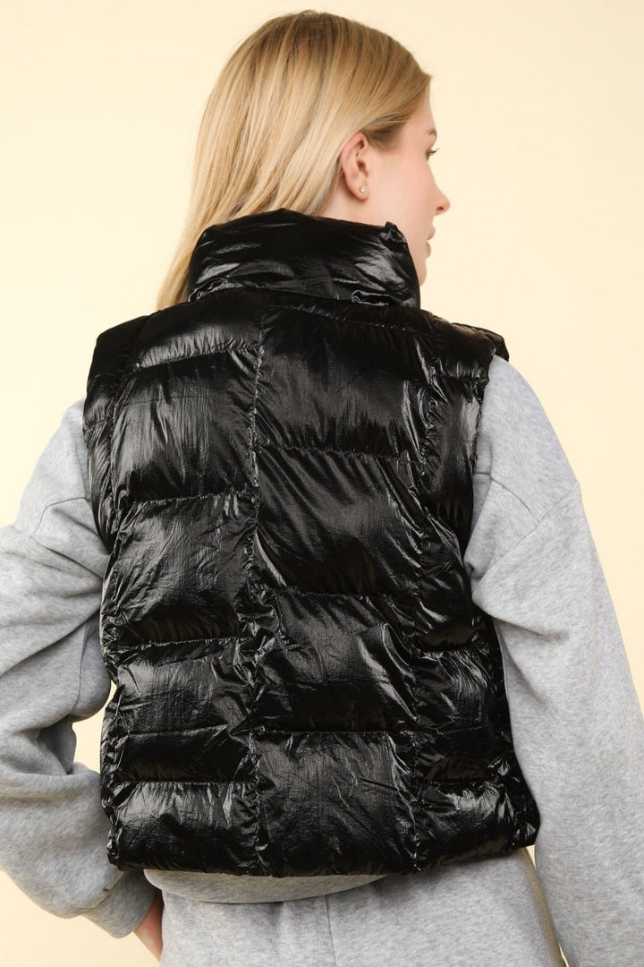 Shiny Metallic Zip Up Puffer Vest, Black