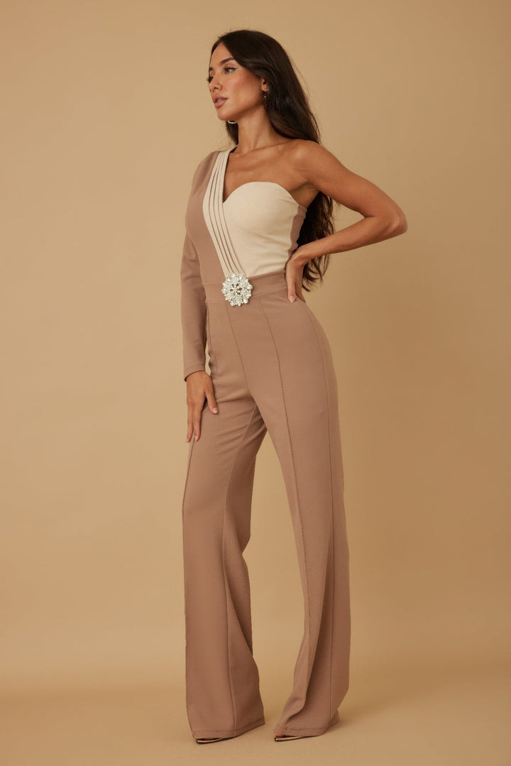 Snowflake Stone On Waist Half Shoulder Jumpsuit