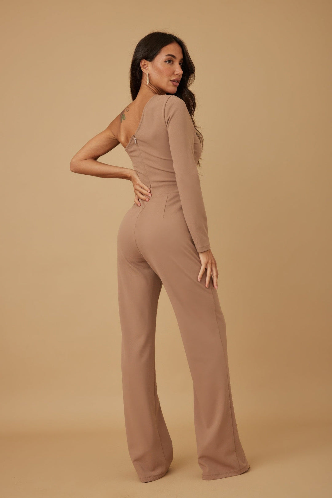 Snowflake Stone On Waist Half Shoulder Jumpsuit