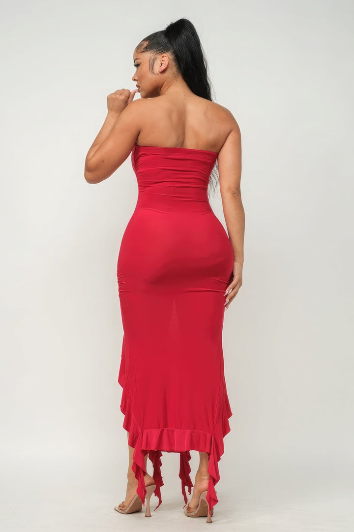 Solid Bottom Ruffle Trim Hem Slit Tube Maxi Dress