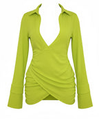 Solid low cut Long sleeve dress, Neon Green