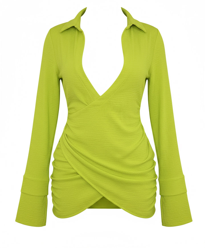 Solid low cut Long sleeve dress, Neon Green