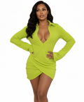 Solid low cut Long sleeve dress, Neon Green