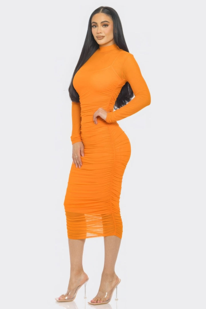 Solid Mesh Ruched Midi Dress