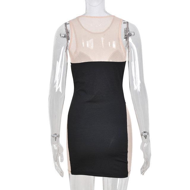 Spliced Bodycon Dress Black/Nude Mesh - 7Kouture