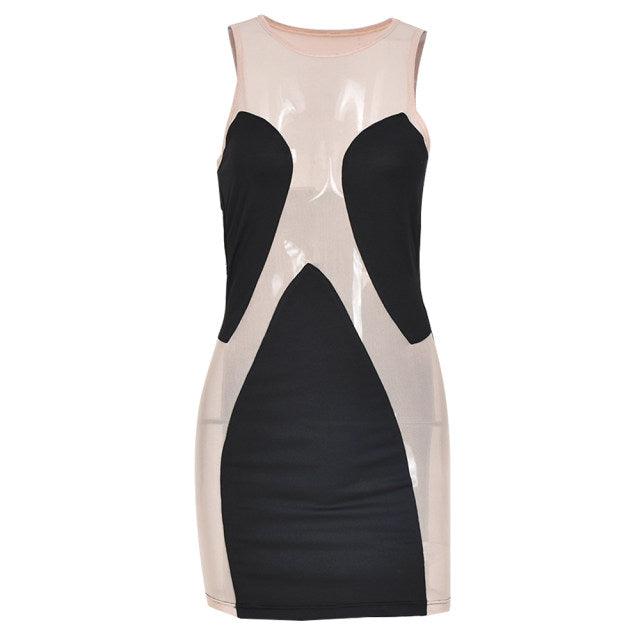 Spliced Bodycon Dress Black/Nude Mesh - 7Kouture