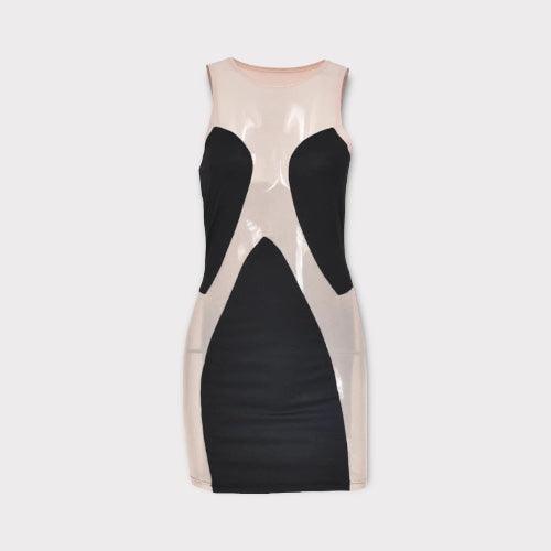 Spliced Bodycon Dress Black/Nude Mesh - 7Kouture