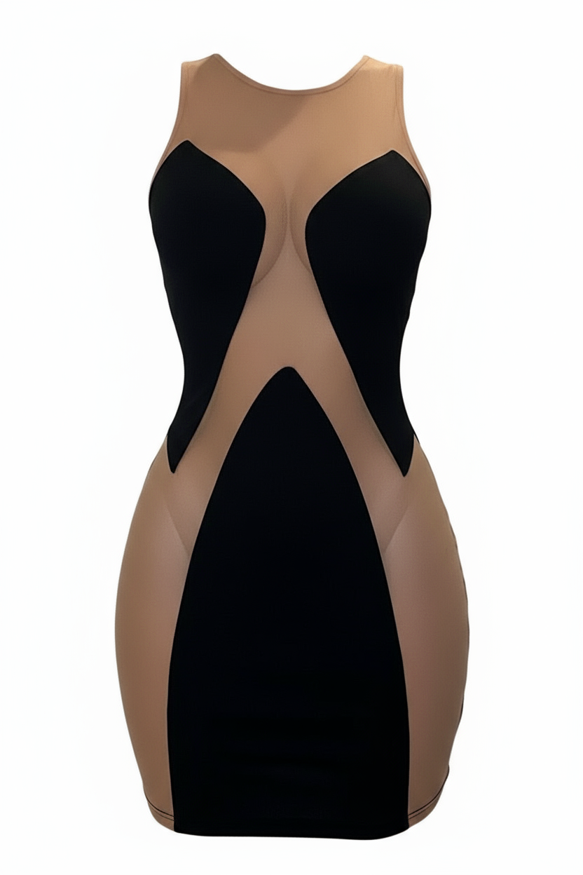 Spliced Bodycon Dress Black/Nude Mesh