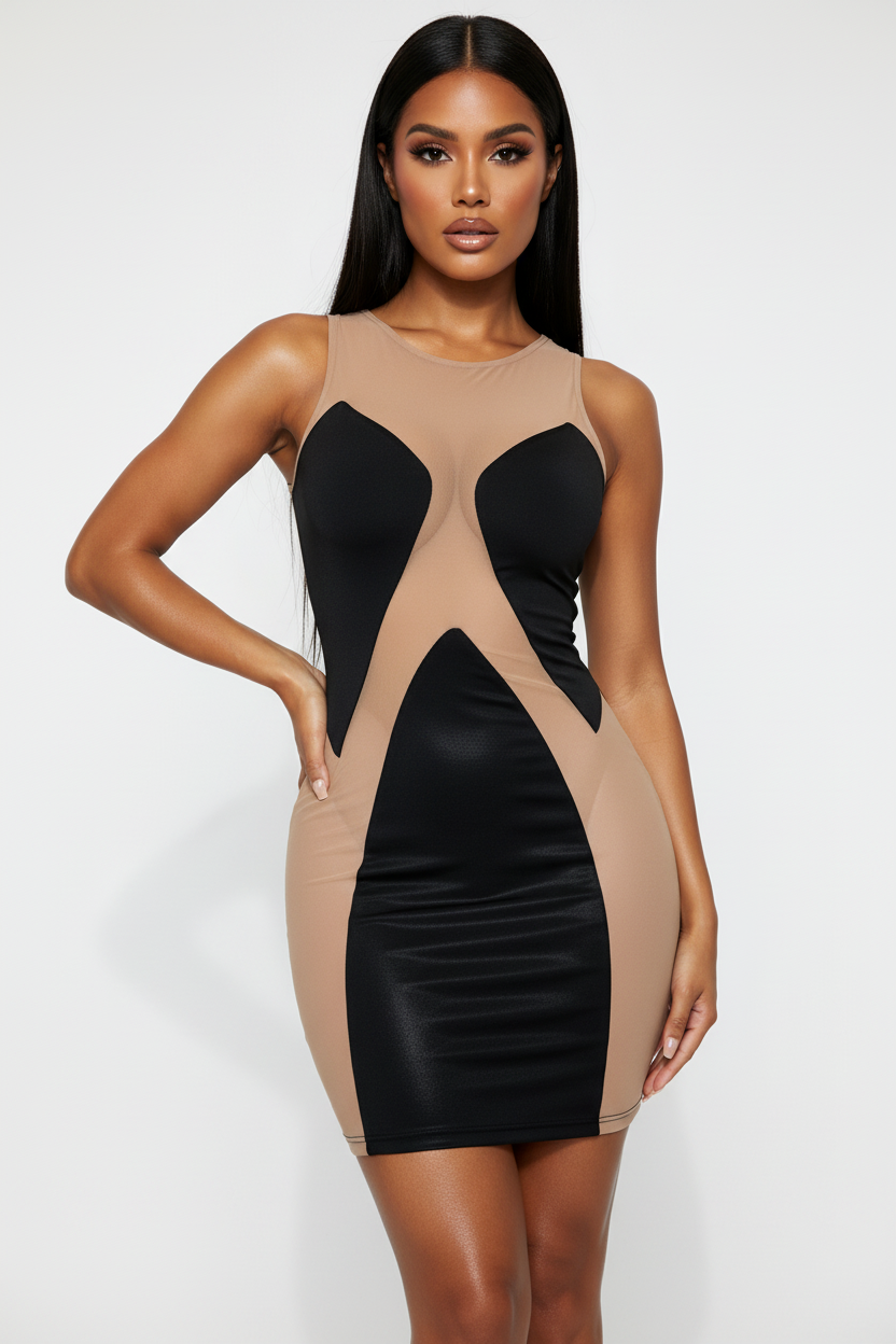 Spliced Bodycon Dress Black/Nude Mesh