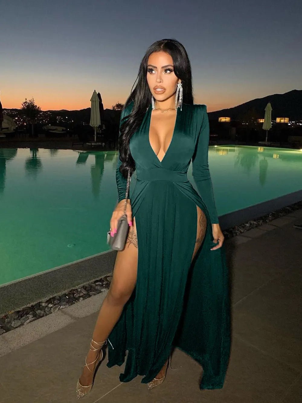 Split Plunge Dress, Green