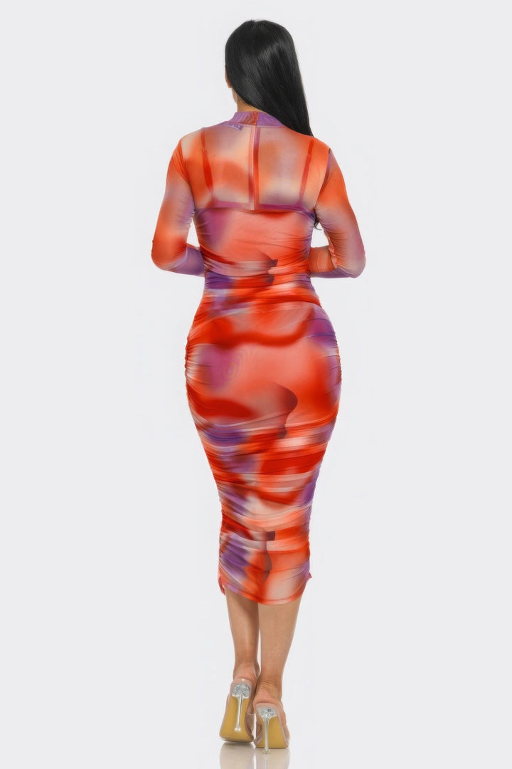 Print Mesh Ruched Midi Dress