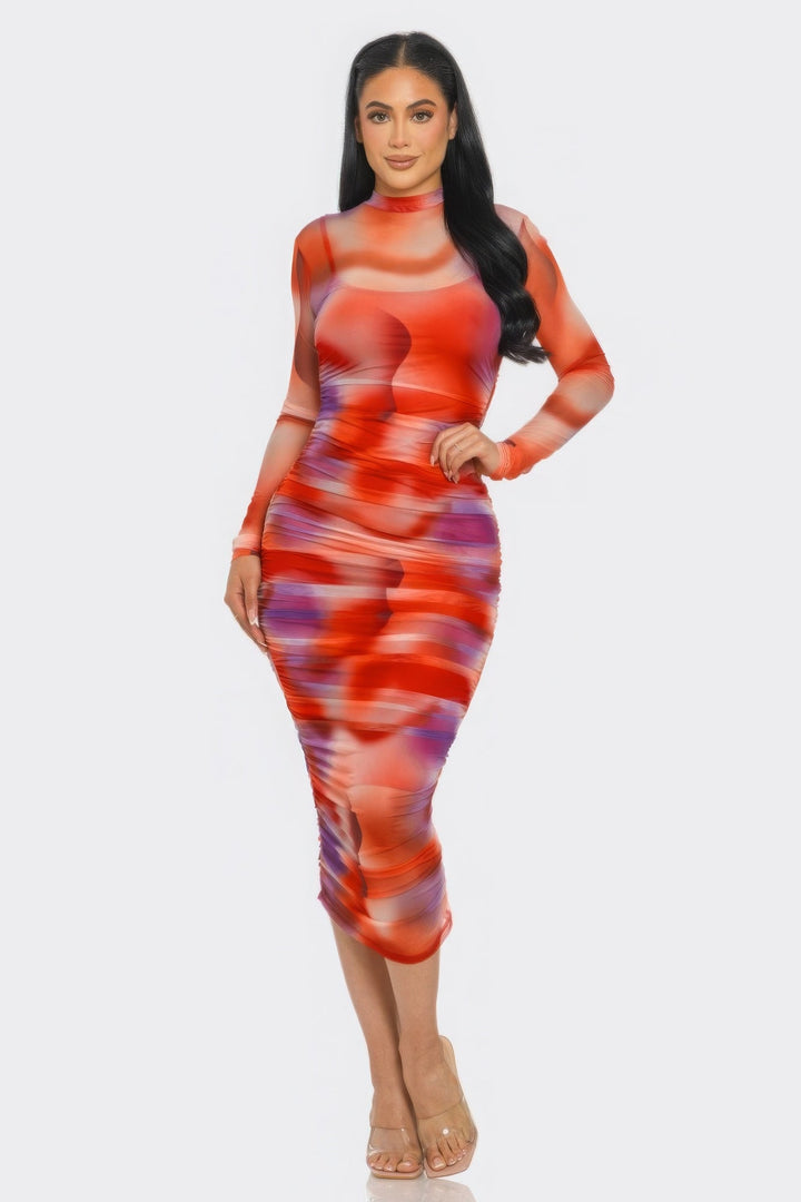 Print Mesh Ruched Midi Dress