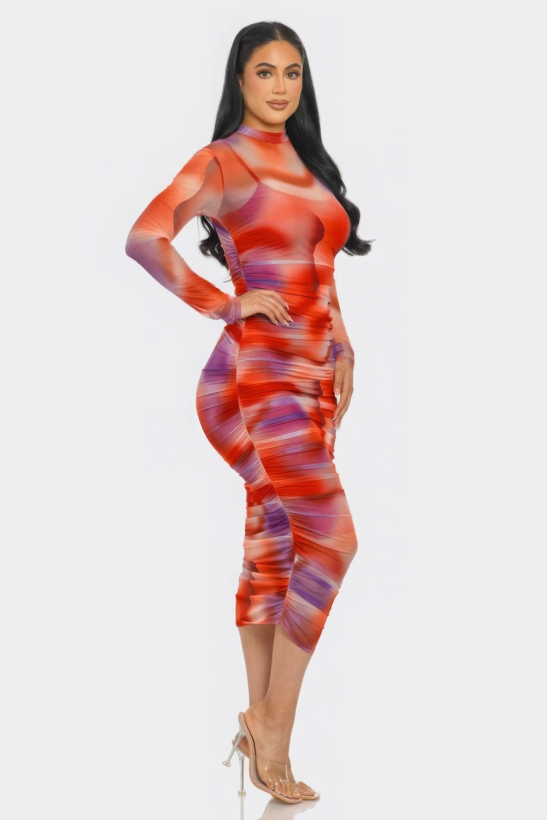 Print Mesh Ruched Midi Dress