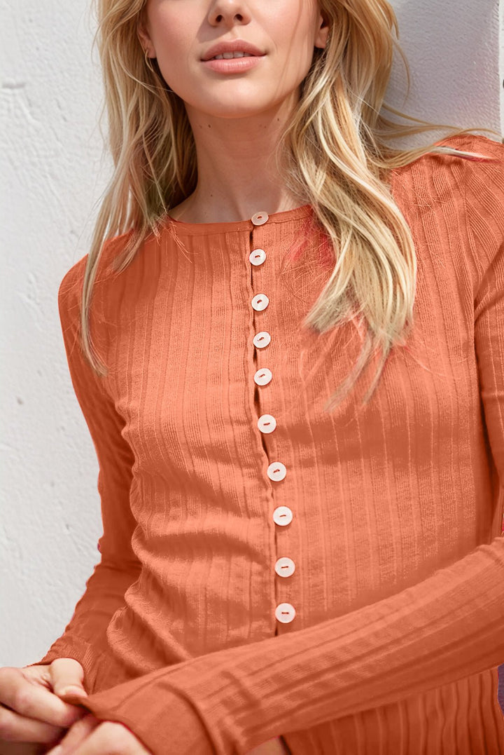 Texture Button Up Round Neck Long Sleeve Top