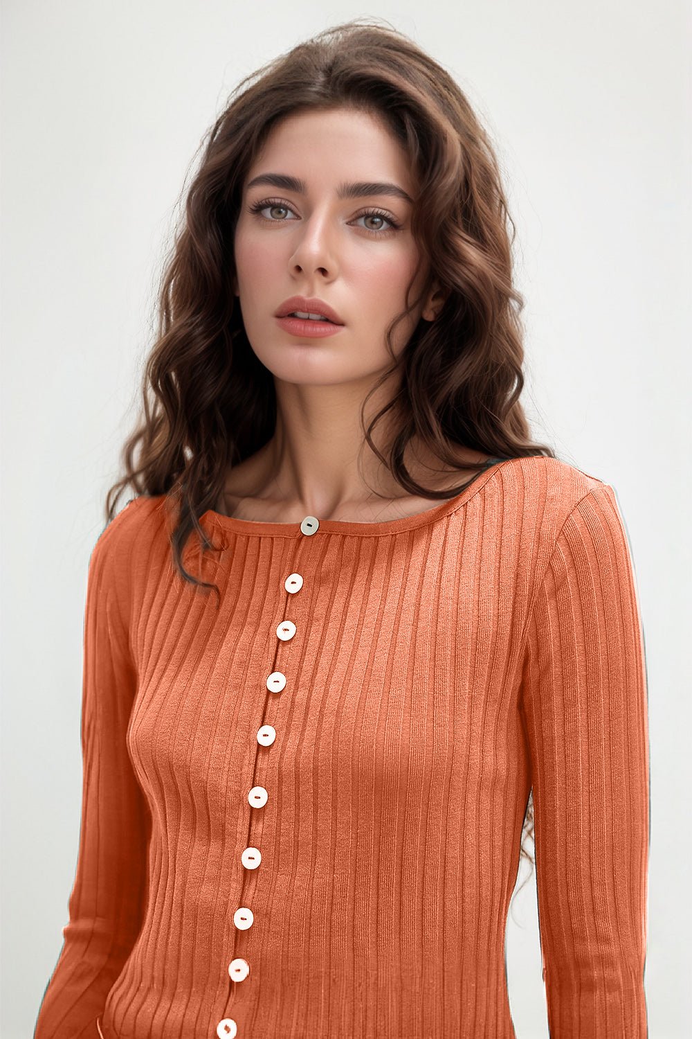 Texture Button Up Round Neck Long Sleeve Top