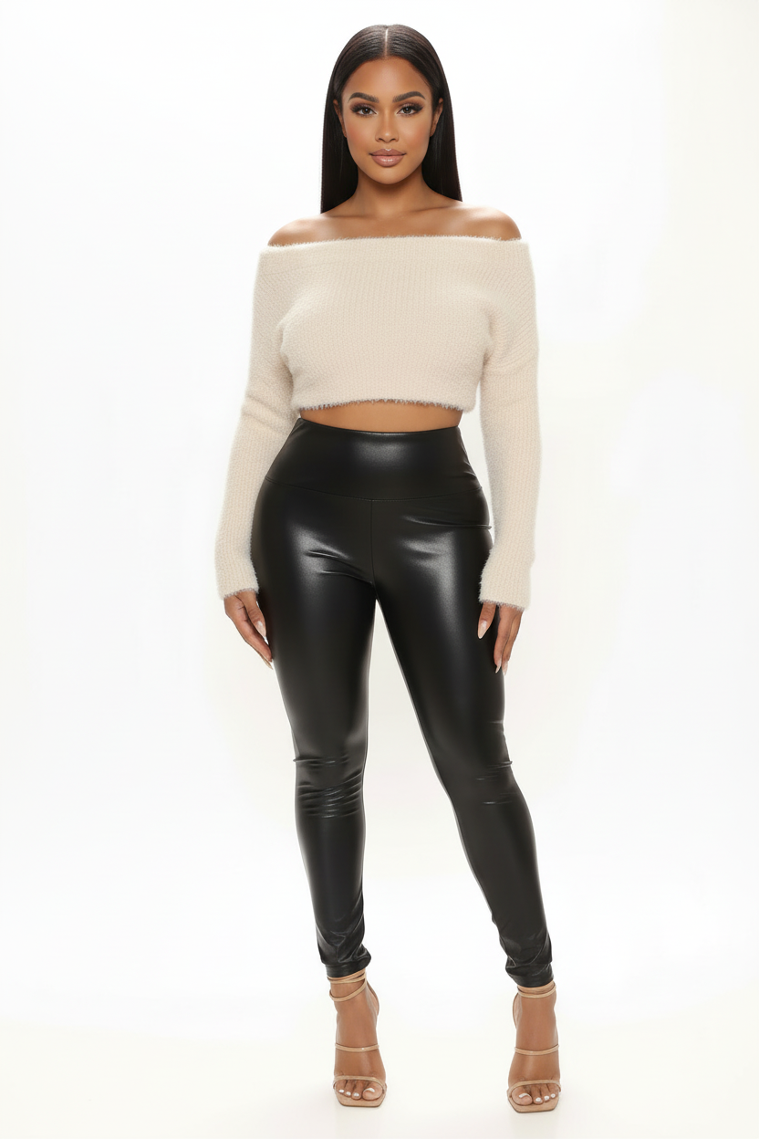 Tummy Tuck Vegan Leather Leggings - Black