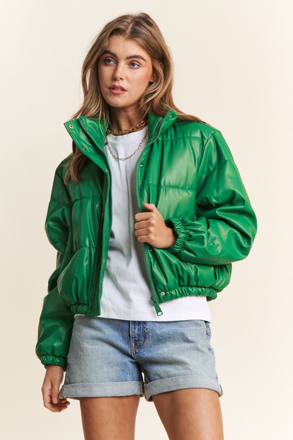 Turtleneck Snap and Zipper Closure Crop Puff Jacket