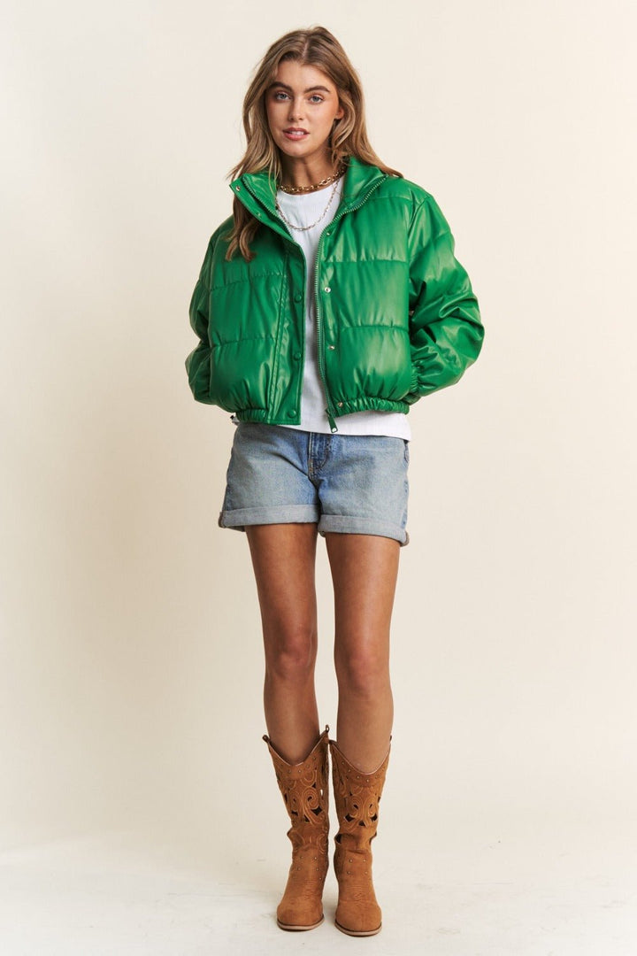 Turtleneck Snap and Zipper Closure Crop Puff Jacket, Green